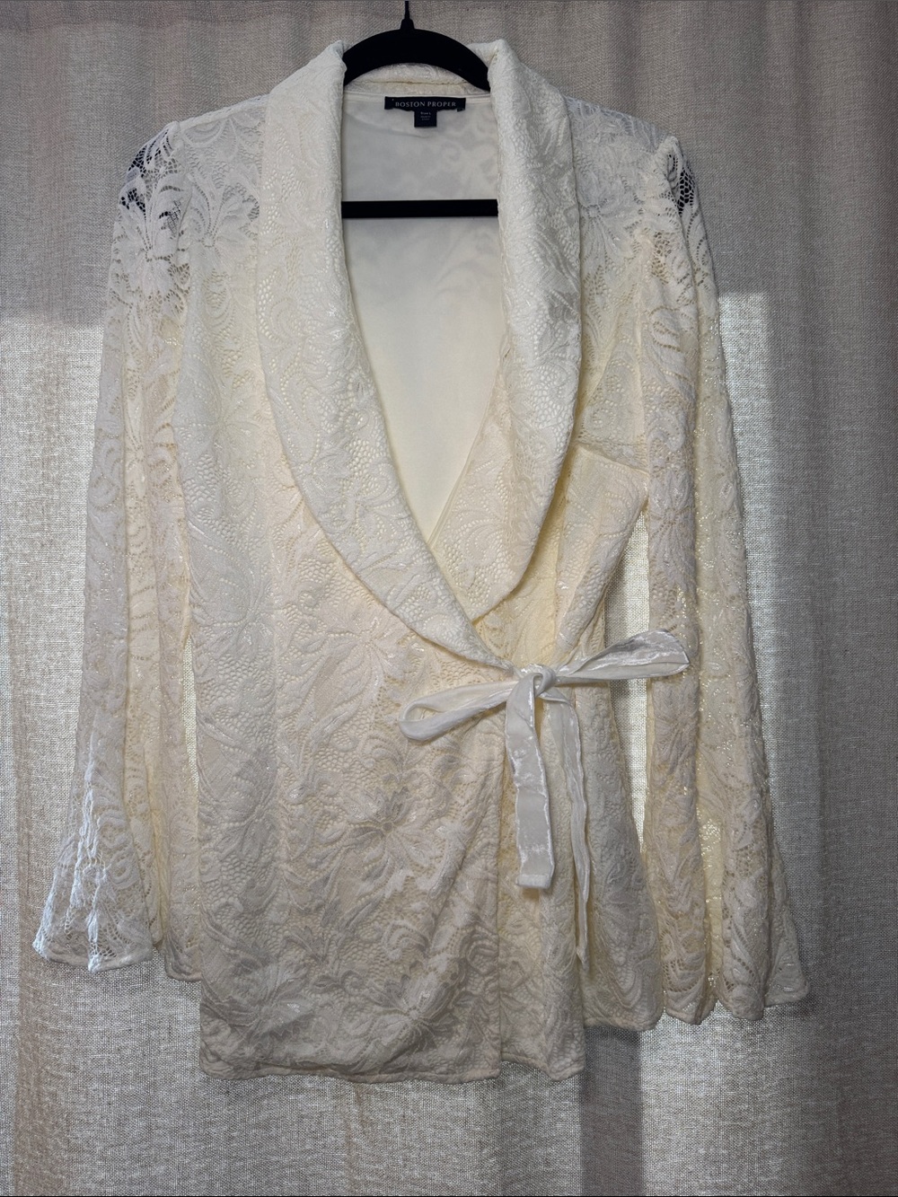 Romantic Whimsical Boston Proper Cream Lace Shawl-Collar Wrap Blazer Size Large